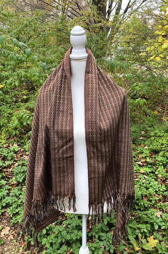 Vintage Vietnamese Shawl Woven Fringed Wrap Brown,