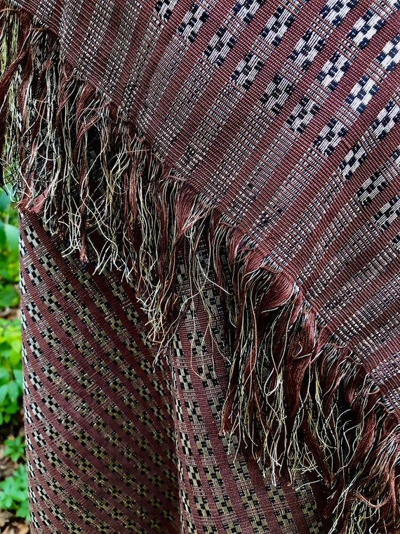Vintage Vietnamese Shawl Woven Fringed Wrap Brown… - image 5