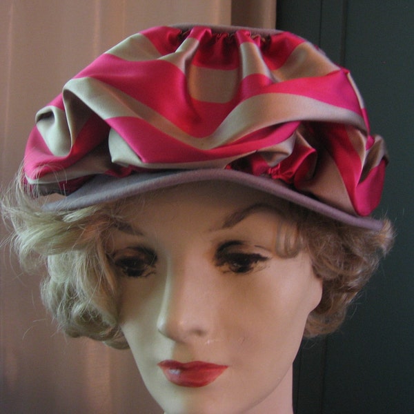Vintage Day Hat Striped Ruched Rose and Beige Fabric Wide Band Hat of Merrimac Fur Felt Vintage Brimmed Topper Lydia New York & G Fox Label