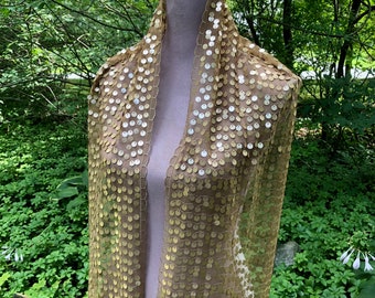 Sequined Scarf Gold Colored Sequins on Long Net Scarf 10 inches X 60 inches Excellent Condition Rockabilly Vintage Accessory