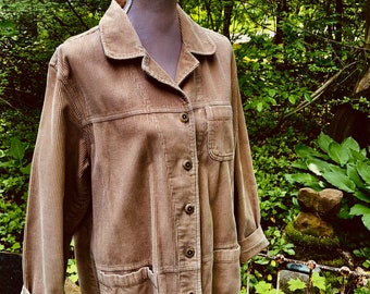 Vintage 1980’s Preppy Light Brown Corduroy Jacket Women's Casual Boxy Style Pockets Button Front Collar Lightweight & Comfy Great Condition
