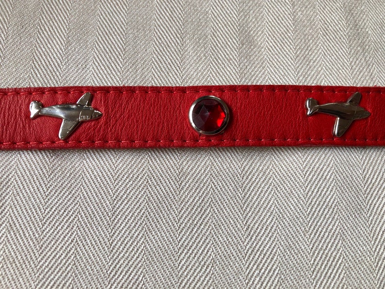 Vintage Red Faux Leather Belt Airplanes & Colored Plastic Jewels Cute Vintage Accessory Width 1 in. Length 38 in Waist Sizes 29 to 32 in image 1