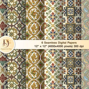 May include: Six seamless digital papers with ornate, repeating patterns in gold, red, blue, and green. The papers are 30.48 cm x 30.48 cm and feature floral and geometric designs. The image includes the text "6 Seamless Digital Papers 12" x 12" (4000x4000 pixels) 300 dpi".