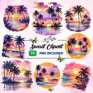 Watercolor Sunset Palm Tree Clipart: Boho Beach Scene (Digital Download PNG Files)
