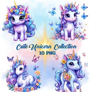 Watercolor Unicorn Clipart: Baby Unicorn PNG Collection (10 Files, Digital Download