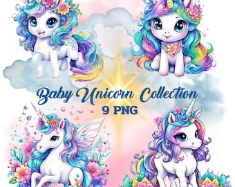 Baby Einhorn Clipart PNG | 9 Kawaii Einhörner mit Blumen | Digitaler Download