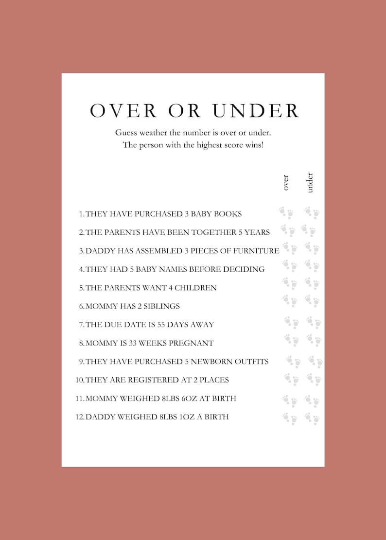 Over or Under, Baby Shower Game, Editable Baby Shower Game, Minimalist ...