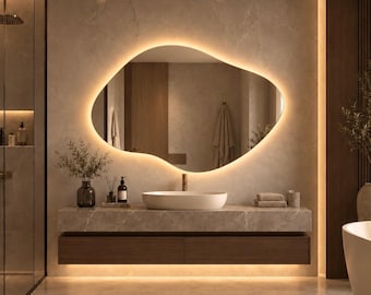 Irregular LED Bathroom Mirror, Wide Abstract Vanity Mirror, Backlit Organic Wall Mirror, Modern Design