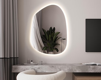 Irregular Asymmetrical LED Wall Mirror, Backlit Bathroom and Bedroom Modern Mirror