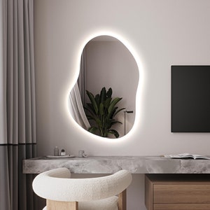Asymmetrical Bedroom Bathroom Mirror With Led Lights, Vanity Mirror, Irregular Lighted Mirror, Illuminated Large Wall Mirror, Backlit Mirror
