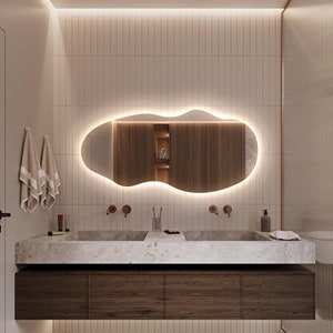 Asymmetrical Large Wall Mirror With Lights, Irregular Mirror for Bathroom, Full Length Backlit Mirror ,Bedroom Led Lighted Full Body Mirror