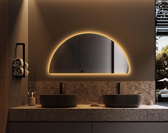 Espejo LED de medio círculo grande, espejo hecho a mano con luces LED, espejo de media pared, espejo de baño para dormitorio con luz, espejo iluminado