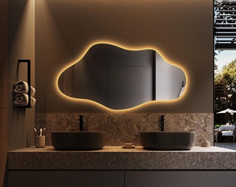 Irregular Asymmetrical LED Wall Mirror, Backlit Wavy Bathroom Bedroom and Vanity Mirror