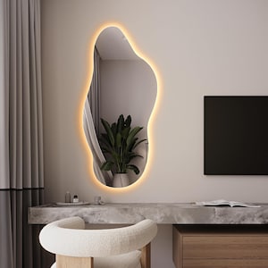 LEDライト付き非対称バスルームミラー、不規則なLEDライト付きミラー、照明付き大型壁掛けミラー、化粧台用LED照明ミラー