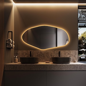 Asymmetrical Lighted Mirror, Irregular Mirror With Led Lights, Led Bathroom Mirror, Illuminated Vanity Mirror, Bedroom Large Wall Mirror