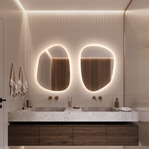 LED mirror for Bathroom - Touch Led Bathroom Assymetrical Mirror - Irregular Wall Lighted Led Mirror - Led Wall Hanging Decorative Mirror