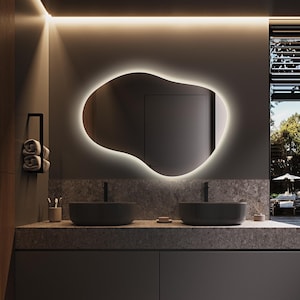 Irregular LED Backlit Bathroom Mirror, Asymmetrical Lighted Vanity Mirror, LED Wall Mirror, Bathroom Vanity Mirror, Illuminated Mirror