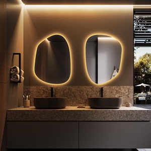 Asymmetrical Mirror With Led Lights, Backlit Bedroom Mirror, Decorative Illuminated Mirror, Irregular Shaped Large Wall Mirror Vanity