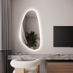 Asymmetrical Mirror With Led Lights, Led Vanity Mirror, Irregular Lighted Mirror, Illuminated Large Wall Mirror, Backlit Mirror, Bathroom