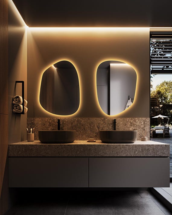 LED Lighted Bedroom Mirror Asymmetrical Mirror With Led Lights Decorative Illuminated Mirror Irregular Shaped Large Wall Mirror Vanity Etsy