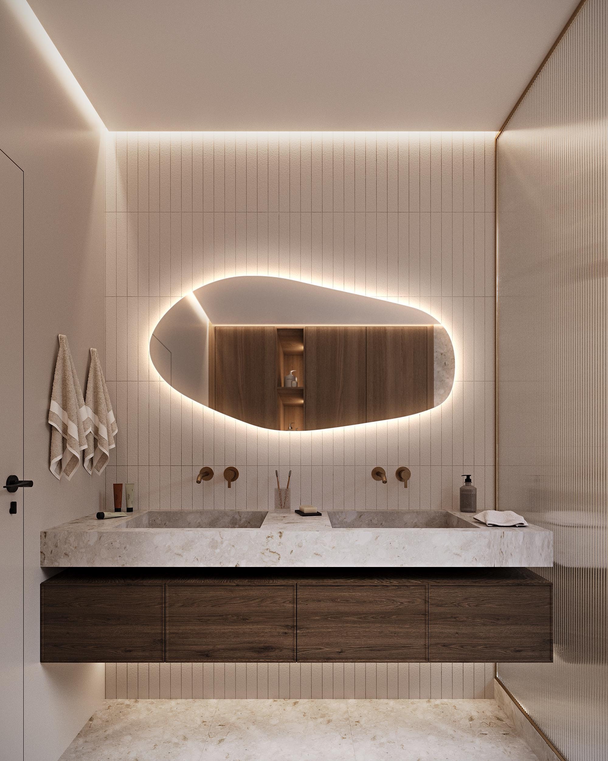 Large Irregular Asymmetrical LED Wall Mirror, Backlit Bathroom and Bedroom Vanity Mirror