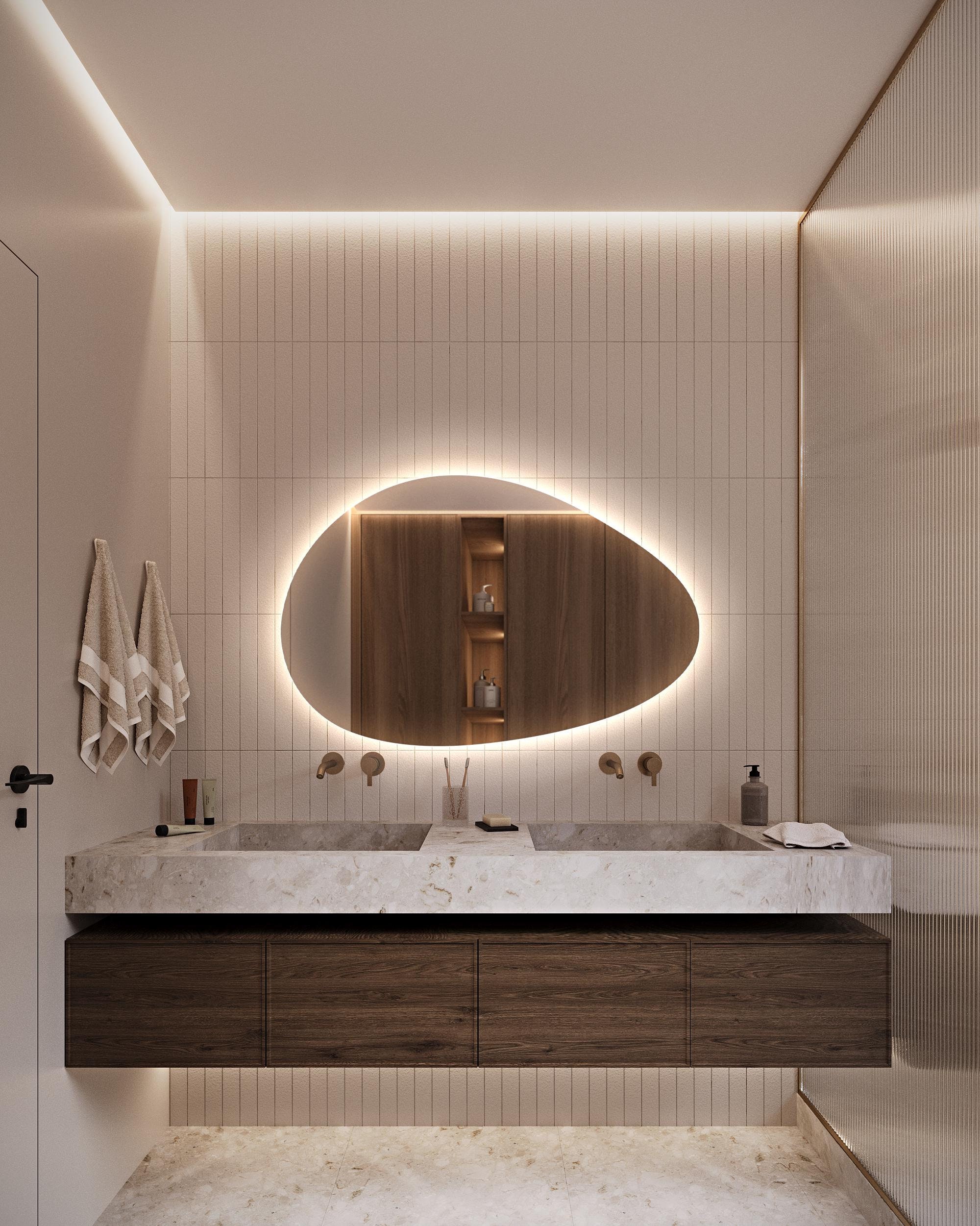 LED Lighted Bathroom Mirror, Decorative Illuminated Mirror, Asymmetrical Mirror With Led Lights, Irregular Shaped Large Wall Mirror Vanity