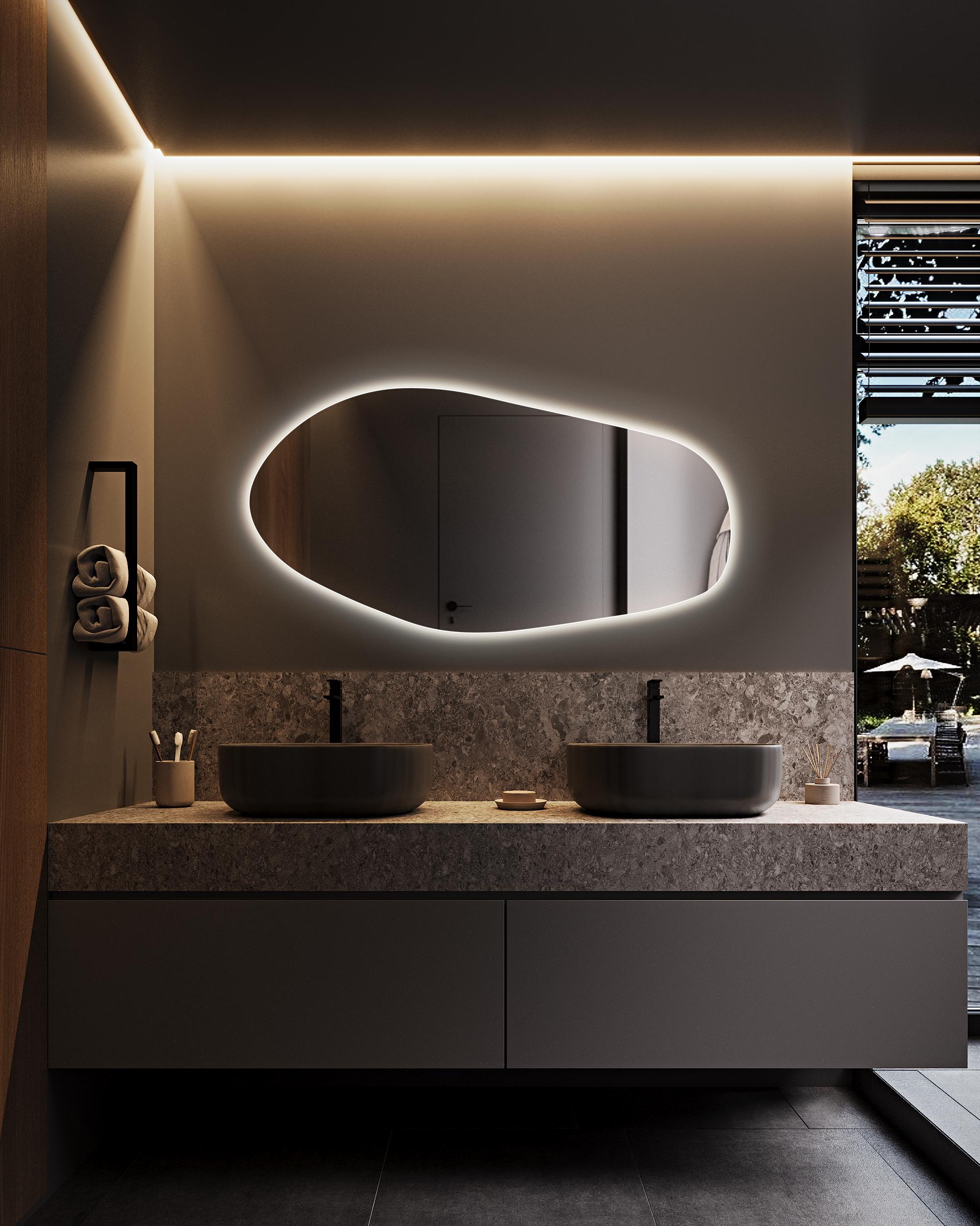 Specchio da parete retroilluminato a LED asimmetrico irregolare di grandi dimensioni - Specchio da toeletta per bagno e camera da letto - Italia
