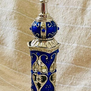 Può includere: Una bottiglia decorativa in argento e blu con un design dettagliato. La bottiglia ha una parte superiore rotonda con un tappo argentato e una base blu con intricati dettagli in argento.