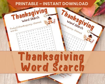 May include: Printable Thanksgiving word search game. The design features a brown and orange color scheme with the words "Thanksgiving Word Search" in large, stylized letters. A fox in a pilgrim hat is on the right side.