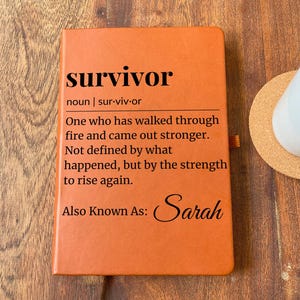 Personalised Survivor Definition Journal – Engraved Custom Name Vegan Leather Notebook, Empowering Gift for Her, Strength Diary