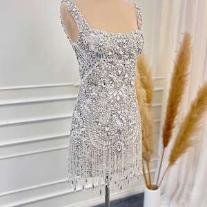 Sparkling Crystal Short Wedding Dress: Handmade Beaded Party Gown