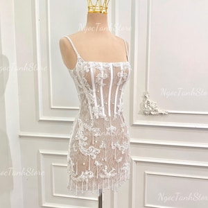 Custom Mini Wedding Dress: Lace Corset, Beaded Fringe