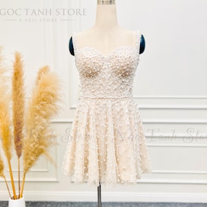 Pearl Mini Wedding Dress: Beaded Tulle Boho Bridal Party Dress