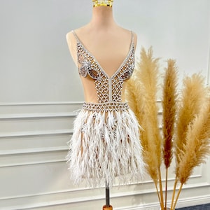 Crystal Feather Corset Mini Wedding Dress: Tulle Bachelorette Party Dress
