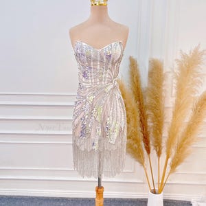 Sequin Fringe Mini Dress: Strapless Beaded Party Gown