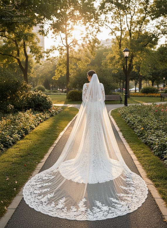 Luxurious Lace and Pearl Embroidered Cathedral Bridal Veil  display picture 3