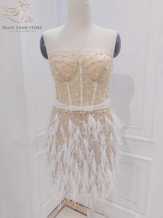 Floral Beaded Corset Mini Dress: Feather Fringe Bridal Party Dress - Etsy