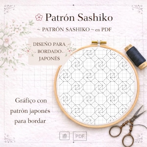 Puede incluir: Un bastidor de bordado con un patrón Sashiko geométrico. El diseño está en hilo negro sobre tela blanca, con el texto "Patrón Sashiko" y "Diseño para Bordado Japonés". También se ven un carrete de hilo azul y unas tijeras.