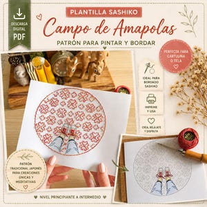 Puede incluir: Un patrón PDF digital para bordado Sashiko. El diseño presenta un patrón floral rojo y blanco con el texto "Campo de Amapolas". La imagen incluye un dibujo de pies con zapatillas rojas y el texto "Imprime y usa".