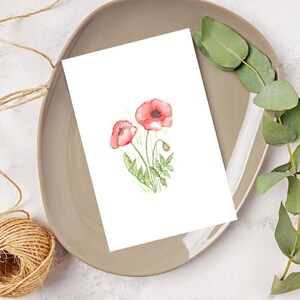 Acuarela flor Amapola pintado a mano, tarjeta descarga digital, tarjeta felicitación flores acuarelas, Acuarela botánica, pintadas mano