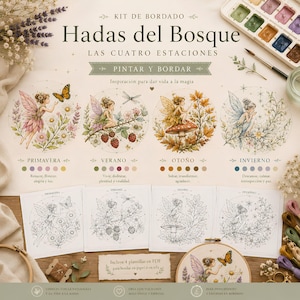 Puede incluir: Kit de bordado con diseños de hadas que representan las cuatro estaciones. La imagen muestra plantillas impresas de hadas con mariposas, flores y elementos de temporada. Incluye plantillas PDF.