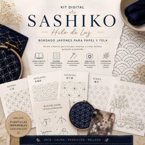 Peut inclure: Kit de broderie Sashiko numérique avec motifs et instructions. Comprend des modèles imprimables. Comporte le texte "Sashiko - Hilo de Luz" et divers motifs de broderie japonaise. Comprend un cercle à broder avec du tissu bleu.