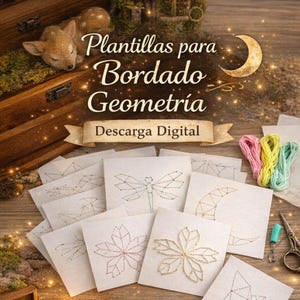 Puede incluir: Patrones de bordado geométrico en cuadrados blancos, con diseños como una libélula, una luna creciente y un copo de nieve. La imagen incluye carretes de hilo rosa, amarillo y turquesa, unas tijeras pequeñas y un enhebrador de agujas. El texto dice "Plantillas para Bordado Geometría Descarga Digital."