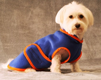 Doggie Wrap, blue fleece with orange trim, XS