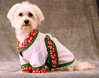 Doggie Robe, white fleece with red holiday lining, XS