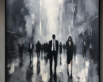 Black and White Abstract Oil Painting: Modern Cityscape Canvas Art