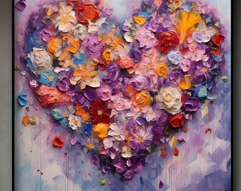May include: A painting of a heart-shaped arrangement of colorful flowers, with a purple, blue, and white background. The flowers are painted in a textured style, giving the painting a three-dimensional effect.