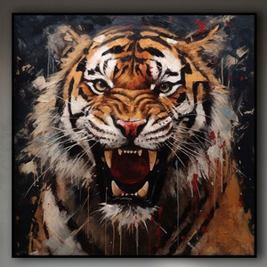 May include: A close-up of a painting depicting a tiger with an open mouth, showing its teeth. The tiger is painted in shades of brown, orange, and black, with splashes of red paint on its fur. The background is a dark, abstract design.