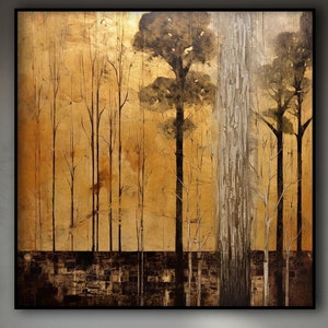 Golden Forest Oil Painting: Abstract Textured Wall Art