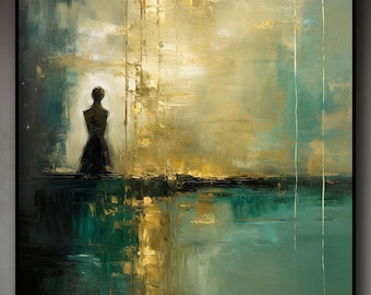 手描きの抽象油絵：孤独な女性の海景、テクスチャのある壁装飾 - Etsy 日本